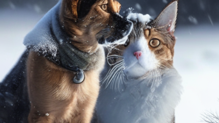cold cat and dog in the snow