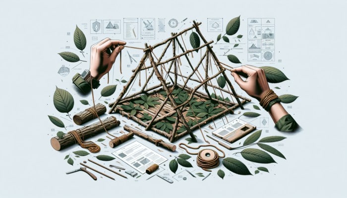 A-frame shelter in wilderness made from rope, branches, and leaves for protection.
