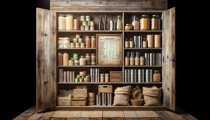 Diverse pantry with canned goods, beans, and rice on rustic wooden shelves for emergency preparedness.