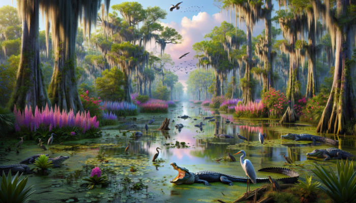 Vibrant swamp ecosystem with alligators, herons, cypresses, and orchids.