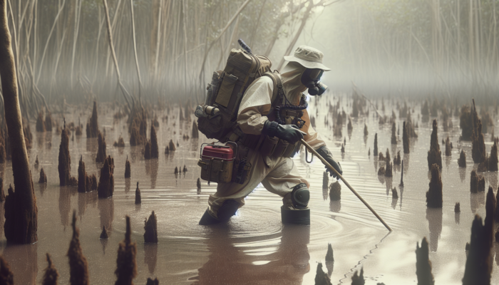 Person in protective gear cautiously navigating swamp, testing ground and purifying water.