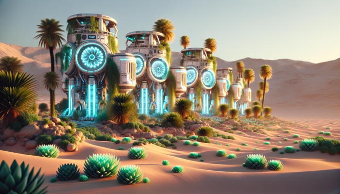 Futuristic water harvesters in desert, extracting water from air, surrounded by lush greenery.