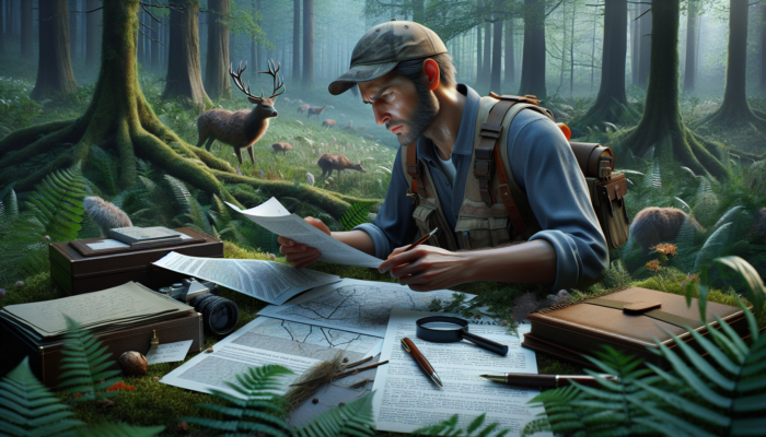 Hunter in forest studying map and legal documents, surrounded by wildlife signs, emphasizing hunting regulations.