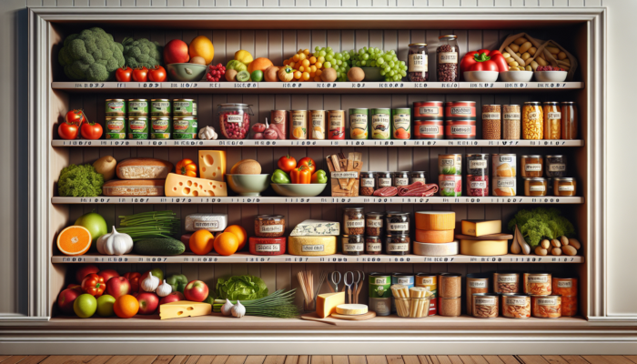 Survival Food Safety: A kitchen shelf displaying perishable, semi-perishable, and non-perishable foods organized by FIFO system.