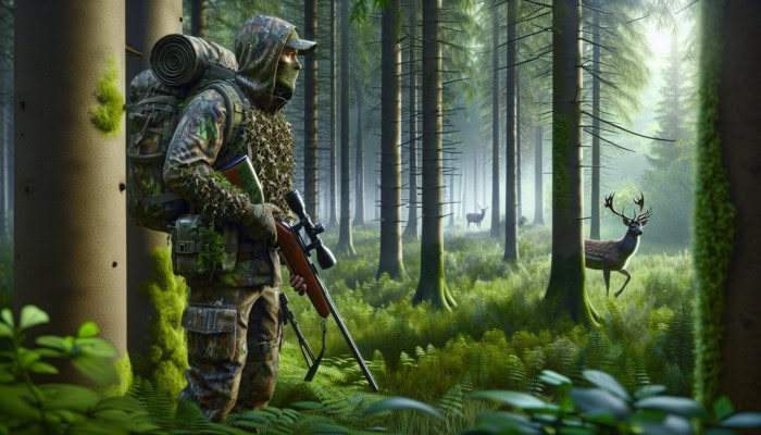 Hunting Stealth Techniques: A hunter in camouflage silently stalking a deer in a dense forest, embodying stealth.