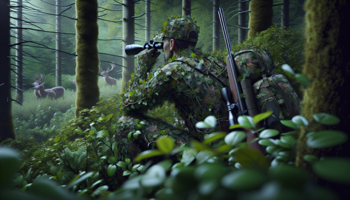 A hunter in camouflage listening to rustling leaves and observing wildlife in a dense forest.