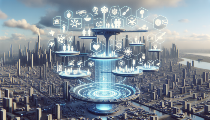 A futuristic cityscape with interconnected platforms and holographic models showing shared community resources.