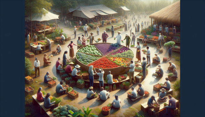 A community at a cooperative food market, engaging with local farmers and sharing fresh produce.