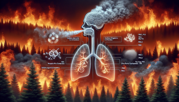 Diagram showing wildfire smoke components: gases (carbon monoxide, VOCs) and fine particles (PM2.5, PM10) affecting lungs, with burning forest background.