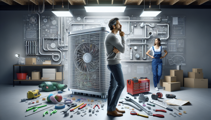 Person in garage choosing between DIY toolkit and professional installing wildfire air filter, complex HVAC system visible.