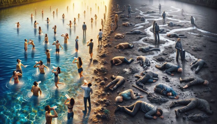 A clear river versus a polluted stream; people drinking safely from clean water, others sick near contaminated area.