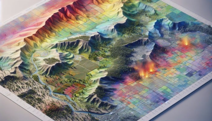 Community map showing wildfire risk zones, vegetation, wind patterns, and historical fire data.