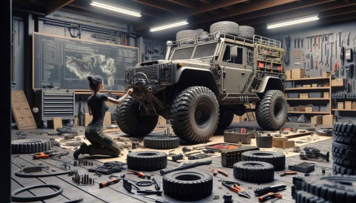 A rugged prepper vehicle in a well-equipped garage being meticulously maintained by a skilled mechanic, surrounded by tools and spare parts.