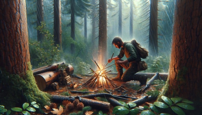 Surviving Alone in the Wilderness: Person using bow drill to start fire in rain, with dry leaves, pine needles, and wood.