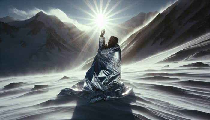 Person wrapped in silver emergency blanket, signaling for rescue in snowy, windy mountains.