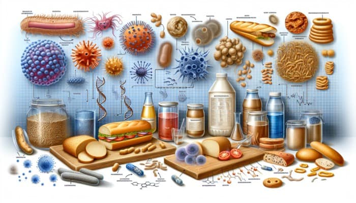 Food Preservation Techniques: Diagram illustrating food spoilage causes: microbial growth, enzymatic reactions, and oxidation effects.