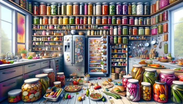 A kitchen with vacuum-sealed meals, pickled vegetables, and pre-portioned dishes, reflecting a busy family's schedule.