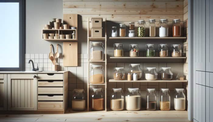 Minimalist kitchen with budget-friendly food storage solutions for preppers, including labeled mason jars, stackable containers, and DIY shelving.