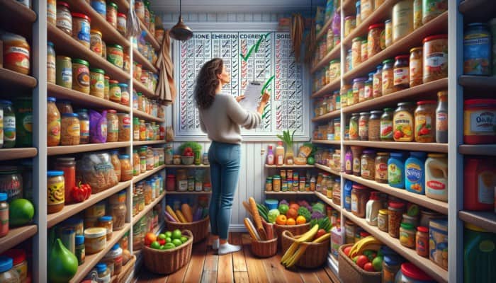 A well-organized pantry with labeled food items, newer at back, person checking expiration dates with checklist.