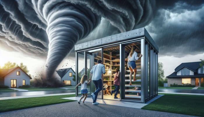 Tornado Shelter Options: Family entering a modern steel above-ground tornado shelter at home, storm and tornado in background.