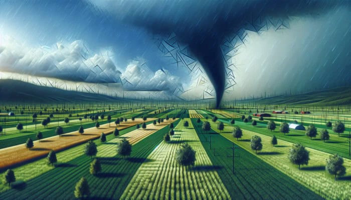 A map showing safe zones and tornado shelters in a rural area under a stormy sky with funnel clouds.
