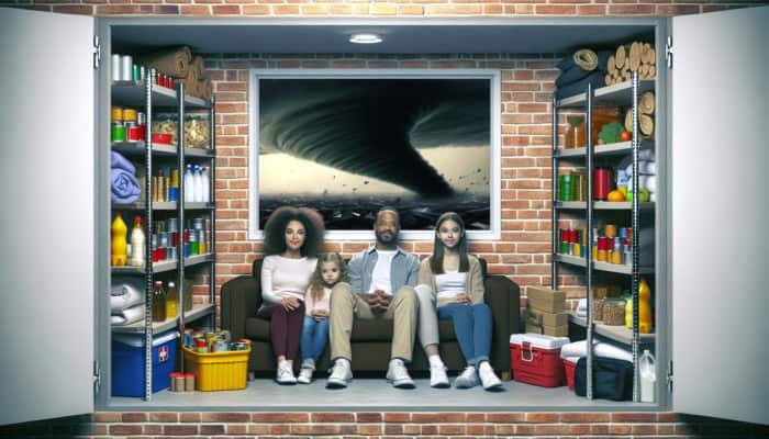 Family in a well-stocked tornado basement, safely waiting out a fierce tornado.