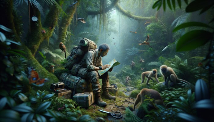 Person in jungle using map and compass, surrounded by wildlife and dense foliage, with detailed itinerary.