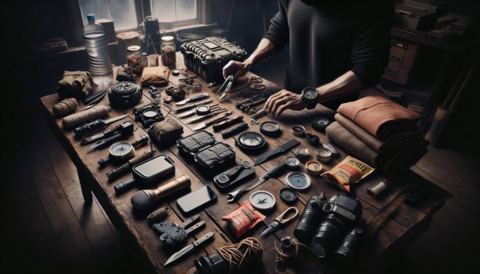 Surviving a Grid Failure: A person organizing survival gear in a dimly lit room, with a checklist and emergency plan on a table.