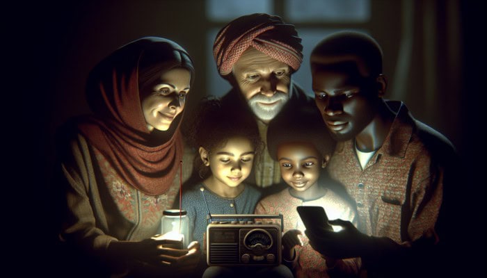 Family using a battery-powered radio and smartphone for emergency communication during a grid failure.