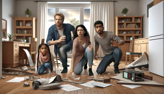 Earthquake Aftershock Prep: Family assessing home for hazards like fallen objects and gas leaks post-earthquake, ensuring safety.