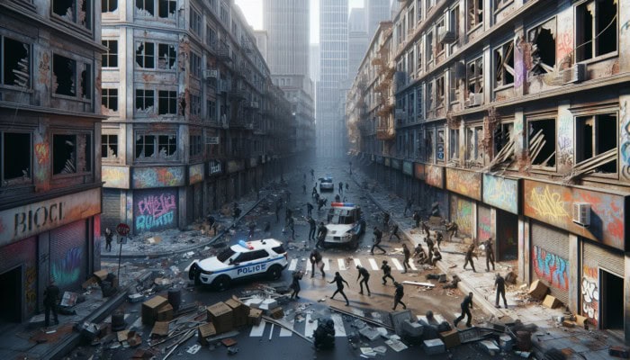 A dystopian cityscape depicting rampant crime, broken windows, graffiti, and looting, symbolizing societal collapse.