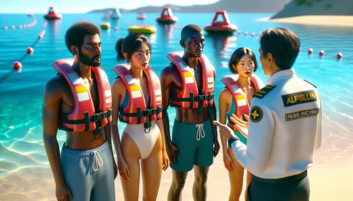 Diverse group wearing life jackets listening to water safety instructor on a sunny beach.