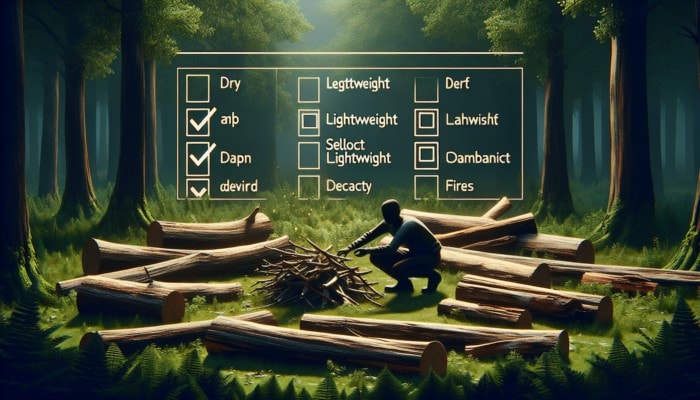 Person selecting dry, lightweight logs from downed trees in forest for campfire, checking for crisp sound.