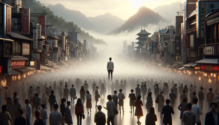 Coping with Isolation: A person alone in a crowded city, feeling invisible and disconnected, with a misty mountain village in the background.