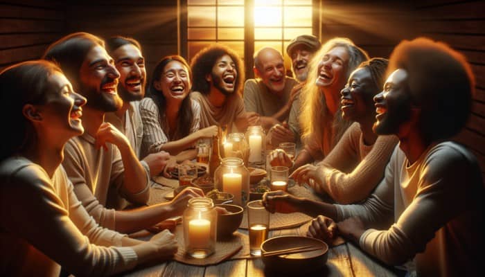 A diverse group of friends laughing and sharing stories around a warmly lit dining table, symbolizing the strength and joy of social bonds.