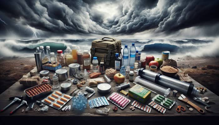 Shtf Survival Plan: Survival kit on rugged table with water purification, food, and medical supplies, storm looming in background.