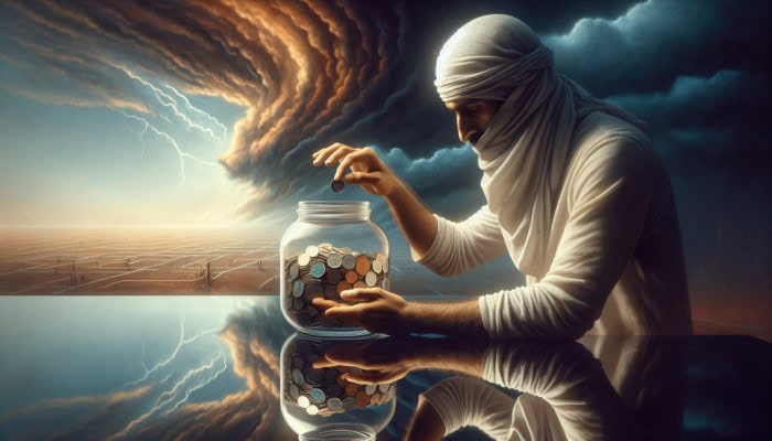 Person adding coins to "Emergency Fund" jar against stormy sky, symbolizing financial security.