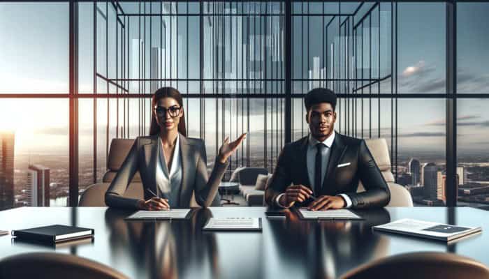 A person in a suit negotiating with a creditor at a conference table in a modern office with city view.