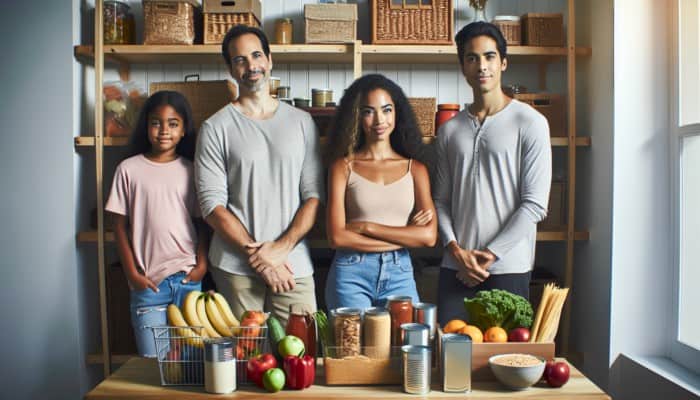 A diverse family by a well-stocked pantry, symbolizing food security and preparedness.
