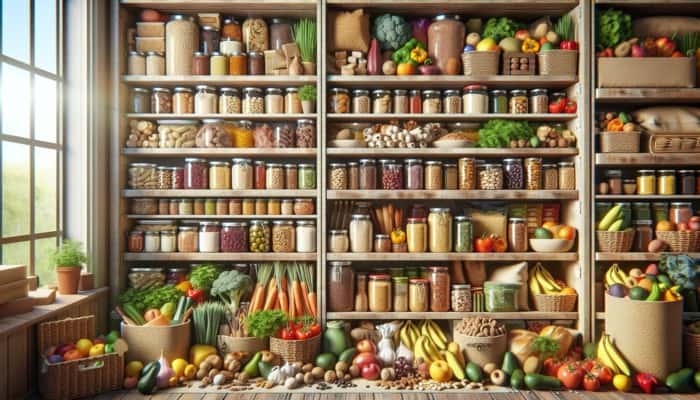 A diverse food stockpile with organized shelves of proteins, fats, carbs, and colorful fruits and vegetables.
