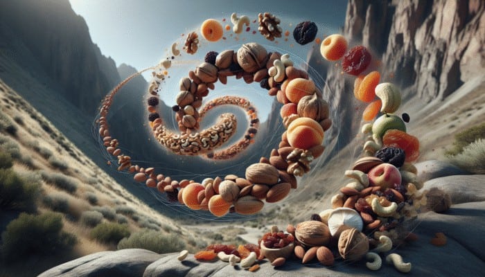 Survival Meal Ideas: A collage of nuts and dried fruits in a swirling pattern, symbolizing quick energy on rugged terrain.