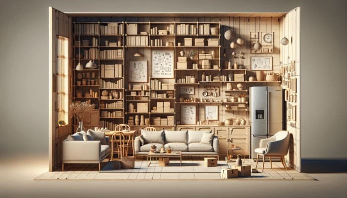 Living room with secured furniture and appliances, breakable items in low cabinets for earthquake safety.