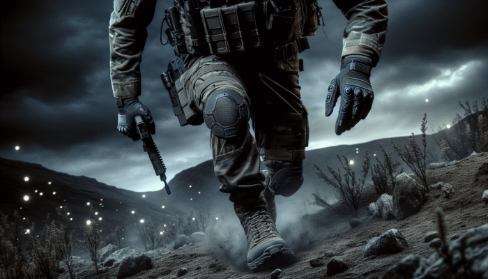 Tactical Gloves Guide: Soldier wearing full-finger tactical gloves navigating rugged terrain at night, with enhanced grip and protection.