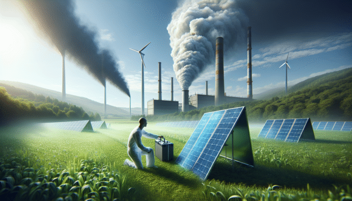 Portable Solar Panels: A person installing solar panels in a green field, contrasting a distant smoky fossil fuel plant.
