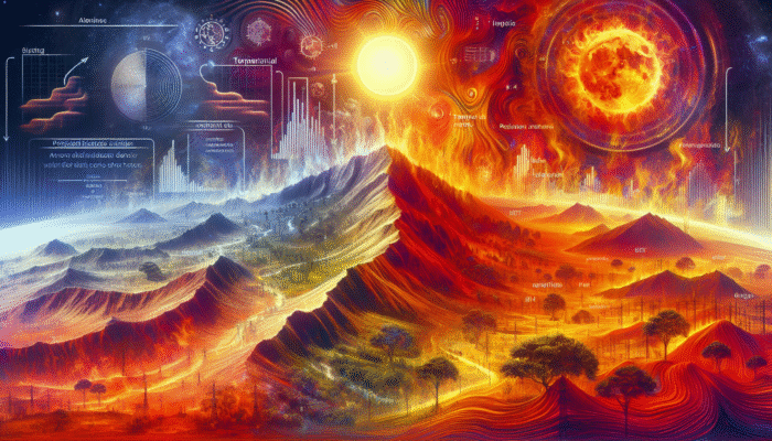 A heatwave scene with high pressure trapping warm air over a sun-scorched landscape, showing equatorial and temperate zones.