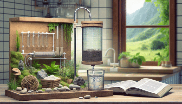 A rustic kitchen counter with a DIY water filter purifying water into a glass, surrounded by greenery and science books.