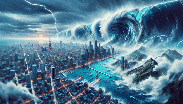 Coastal cityscape with hurricane and heavy rain; Pacific Ring of Fire with earthquake drills in Japan and Indonesia.