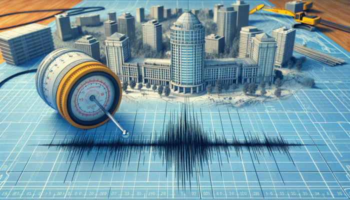 Blueprint of a modern Chilean building with earthquake-resistant design and a seismograph showing seismic activity.