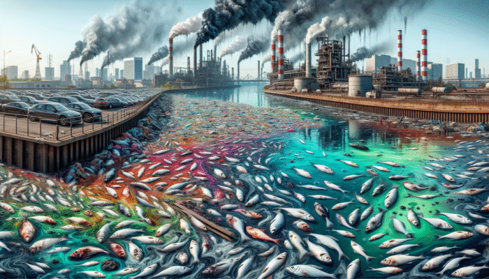 A polluted urban river with toxic colors, dead fish, factories, and city skyline, showing industrial pollution effects.