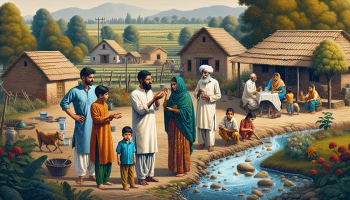 A family in a rural village suffering from health issues due to contaminated water.